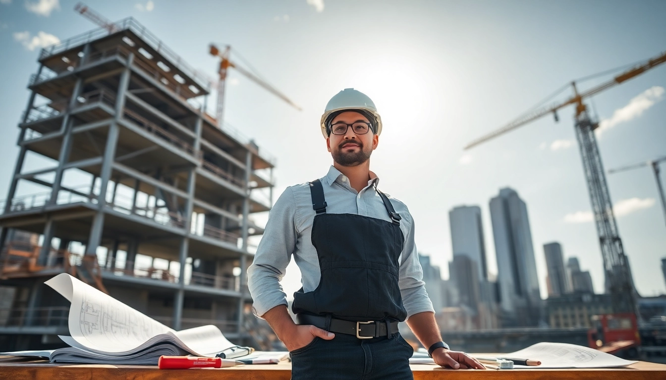 Manhattan General Contractor reviewing blueprints on a construction site with cranes in the background.