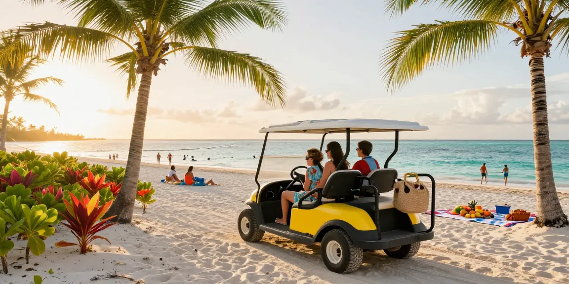 Family enjoying a San Pedro golf cart rental, exploring the stunning beaches of Ambergris Caye during golden hour.