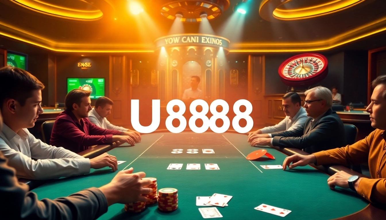 Engaging players at a U8888 poker table in a luxurious casino setting showcasing excitement.