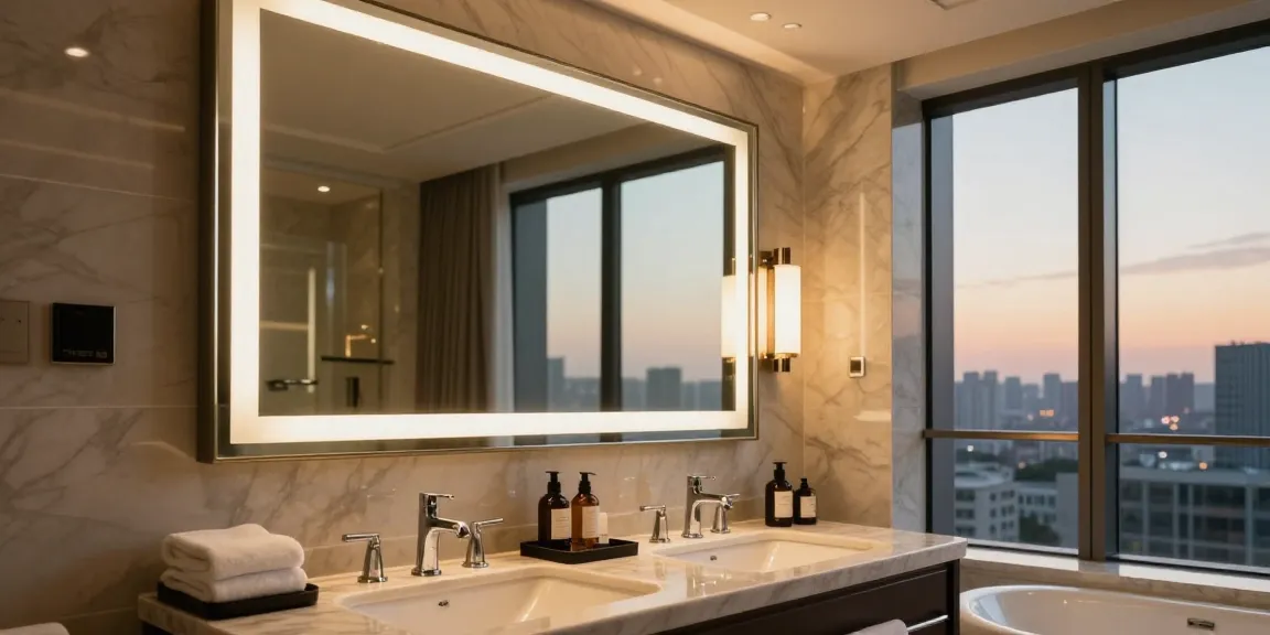 Premium hotel bathroom mirror by LED mirror manufacturer featuring ambient lighting and elegant design.