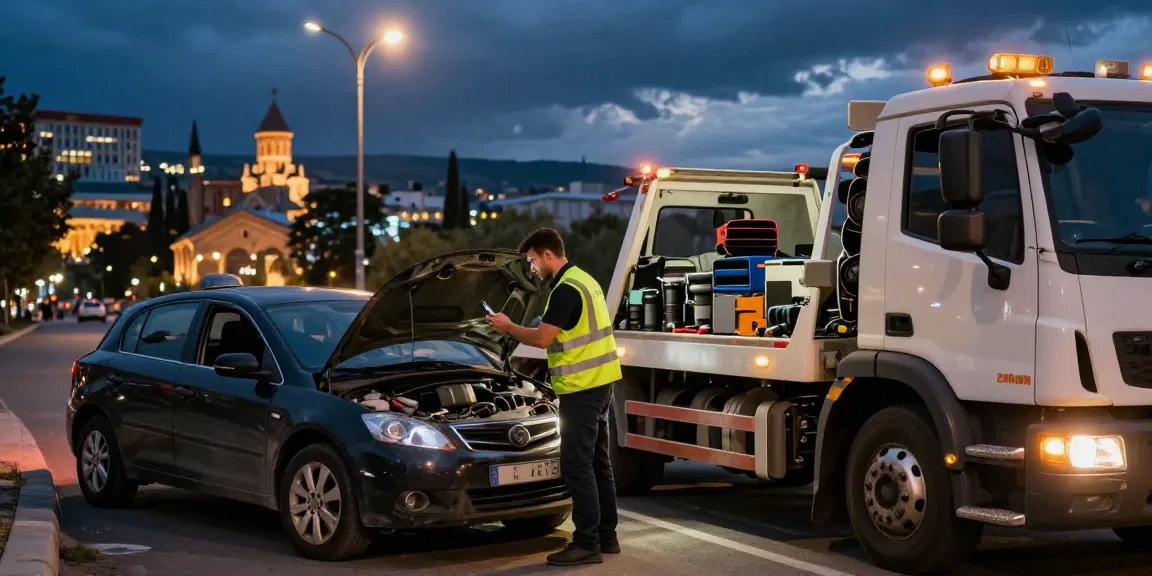 Urgent evakuatori evakuatori tbilisi service scene with a tow truck assisting a stranded vehicle owner in Tbilisi.