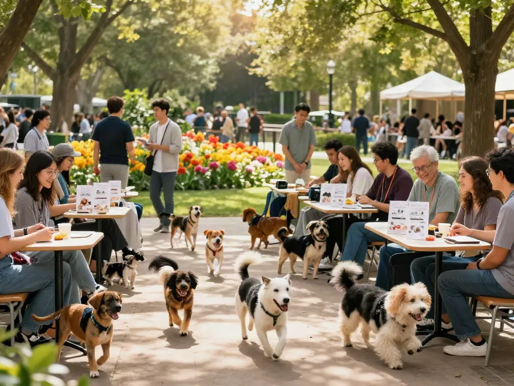 Community gathering for pet lovers discussing rokok88 slot in a sunny park.