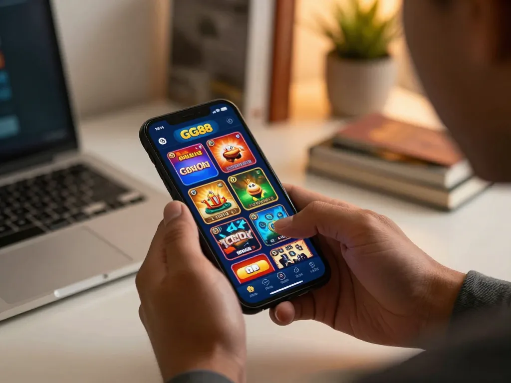 Engaging moment of a player using the GG88 app to place bets on a smartphone, promoting mobile gambling excitement.