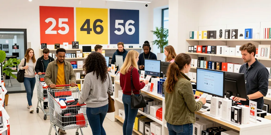 Engaging shopping atmosphere on a discount code website in netherlands, showcasing diverse consumers exploring vibrant sales.