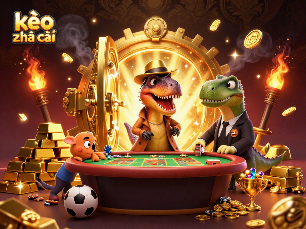 Catch exciting kèo nhà cái moments with a cartoon velociraptor at a vibrant sports betting table.