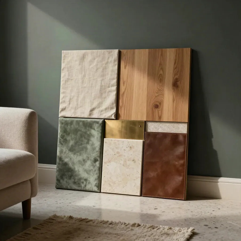 A sage-toned room mood board leans in a corner beside a sofa and rug fringe.
