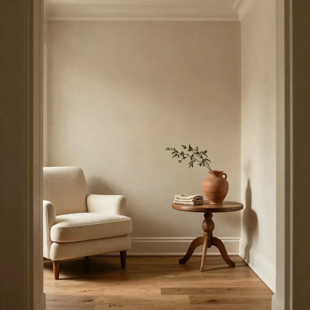 Finished warm living corner with plaster walls, oak table, cream chair, and terracotta vessel.