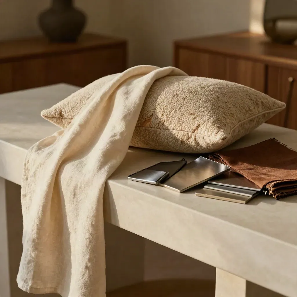 Linen, boucle, oak, and brushed metal finish samples layered on a pale console in a warm room.