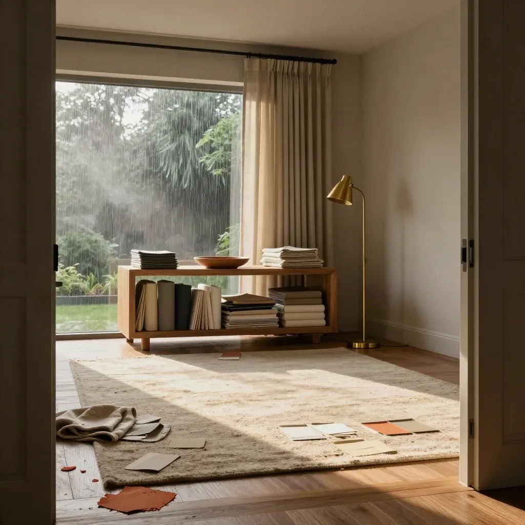 Warm living room styling scene with paint samples, fabrics, oak console and brass lamp.