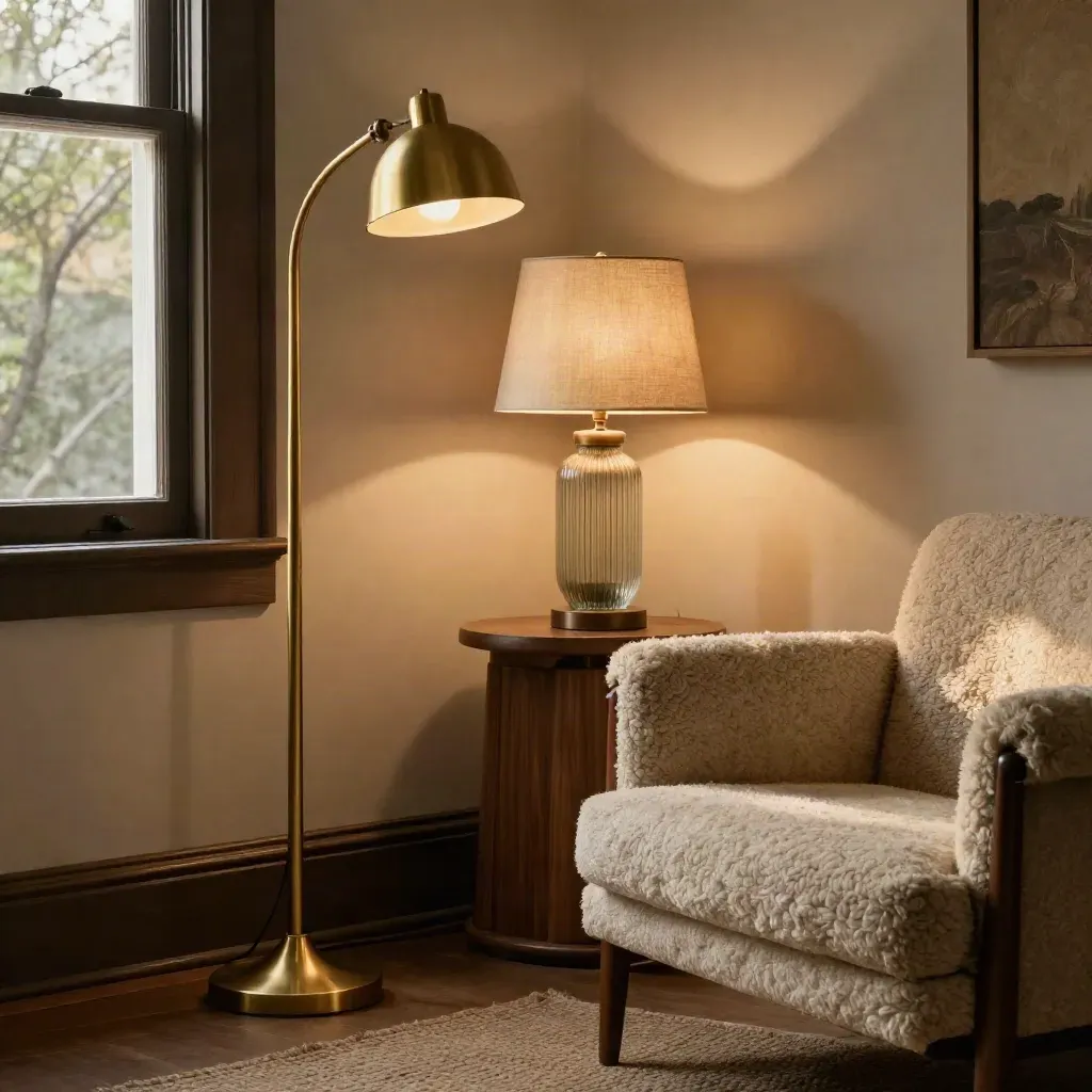 Brass and linen lamps glow beside a wool chair in a cozy evening living room corner.