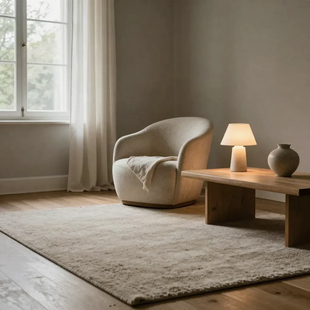 Calm oak living room with clay wall, bouclé chair, wool rug, plaster lamp and warm late light.