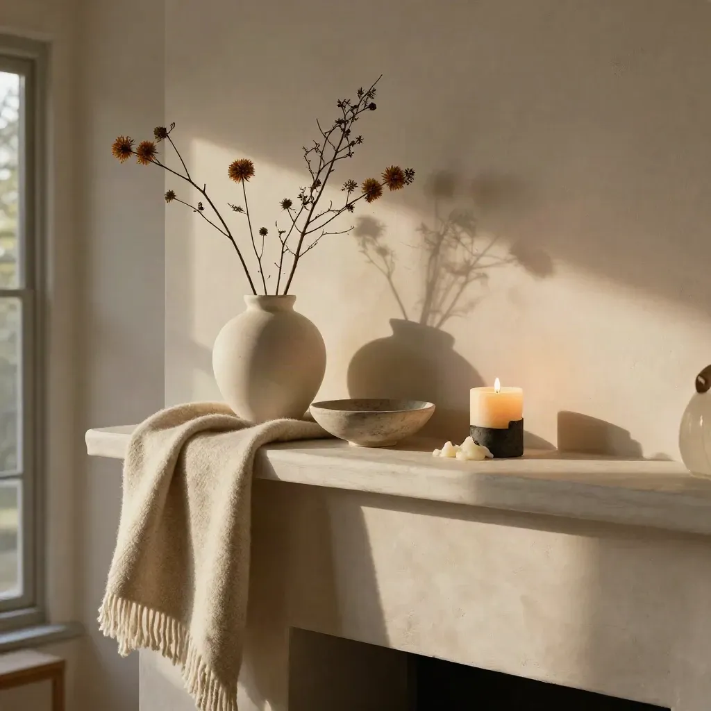 Mantel vignette with wool throw, dried stems, ceramic bowl and candle in warm moody light
