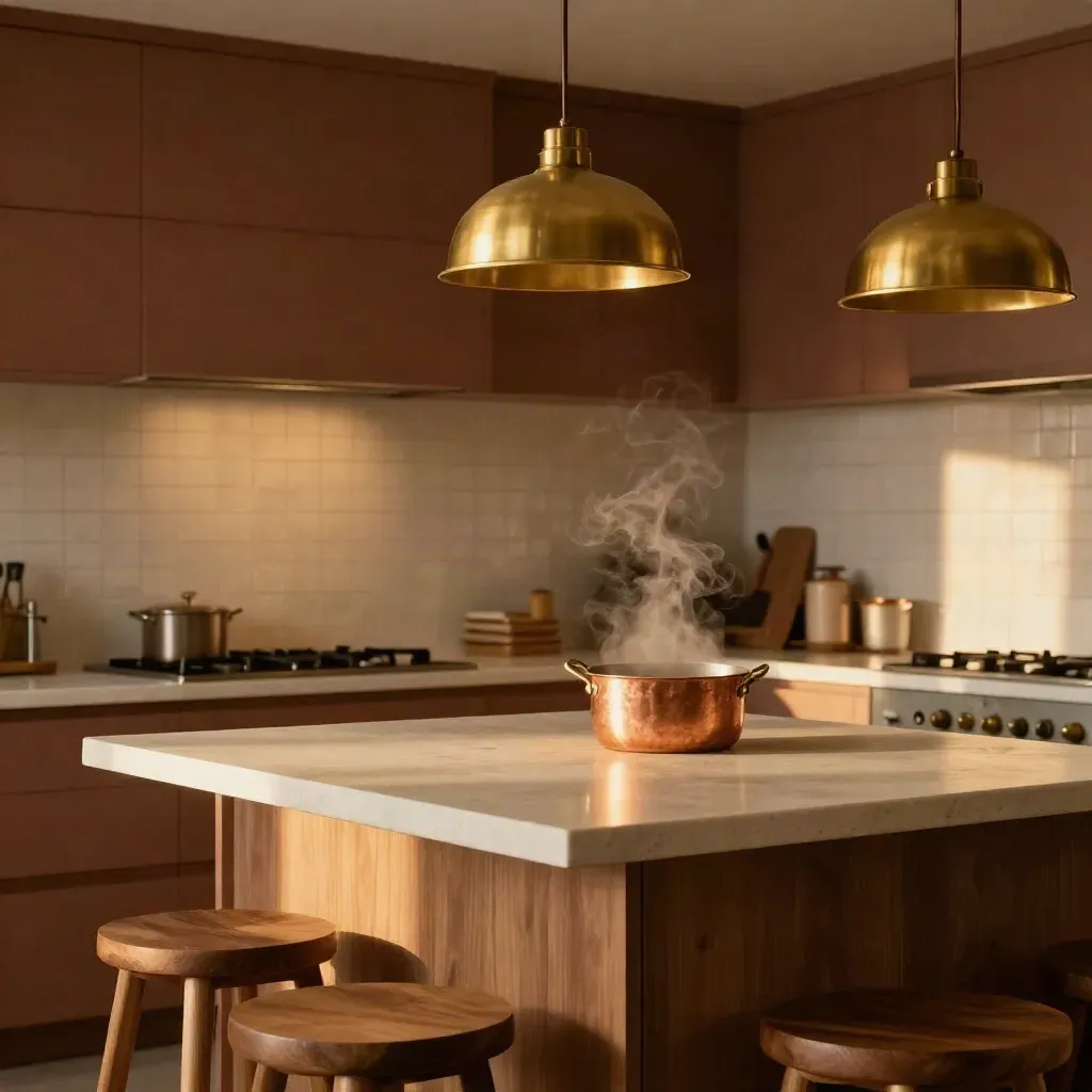 Moody kitchen with brass pendant, cream tile, walnut stools, and warm evening glow.