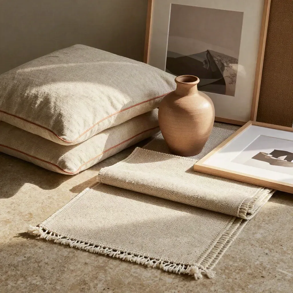 Top-down decor shopping flatlay with pillows, vase, rug sample, and framed print.