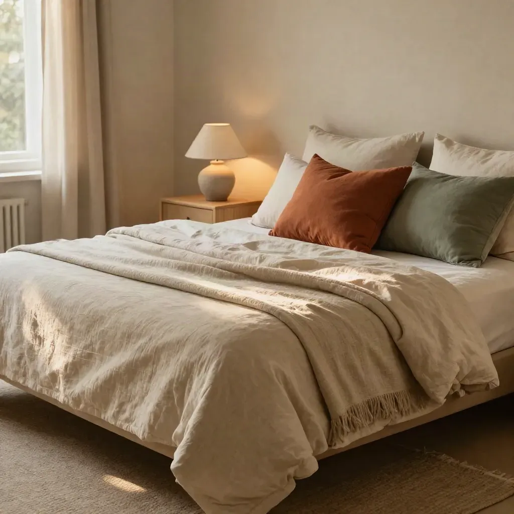 Guest room reset with oatmeal bedding, sage accent pillow, ceramic lamp and warm linen textures.