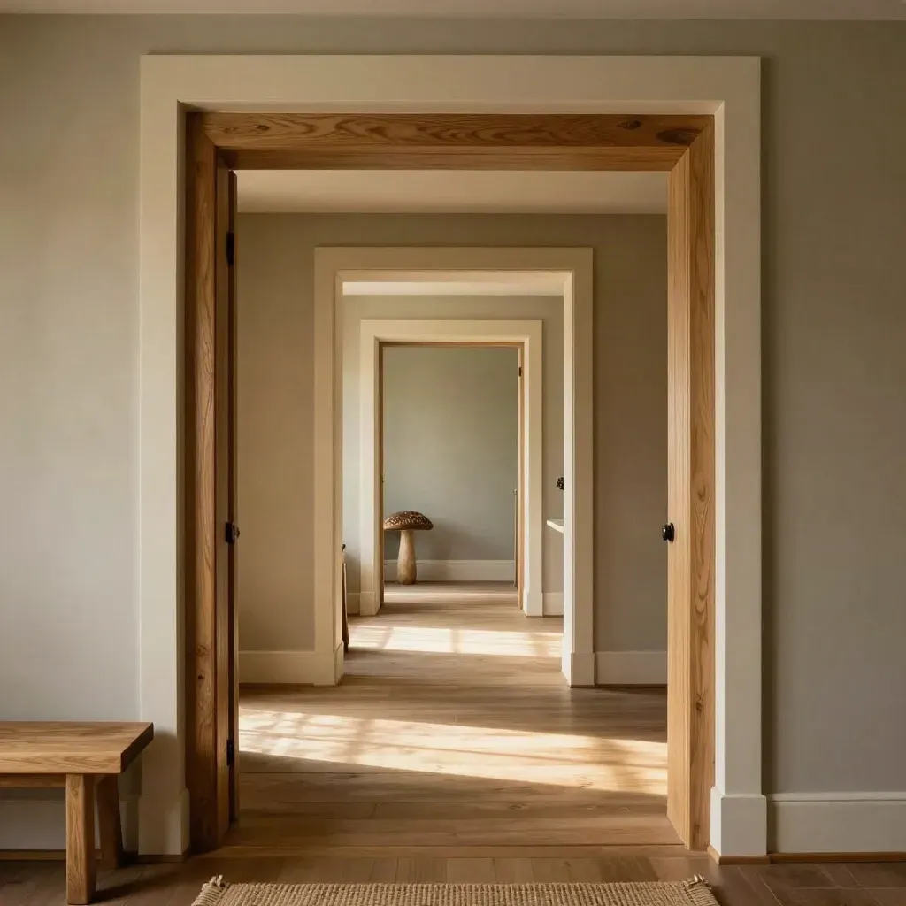 Transitional hallway view through four aligned rooms in warm cream and oak tones.