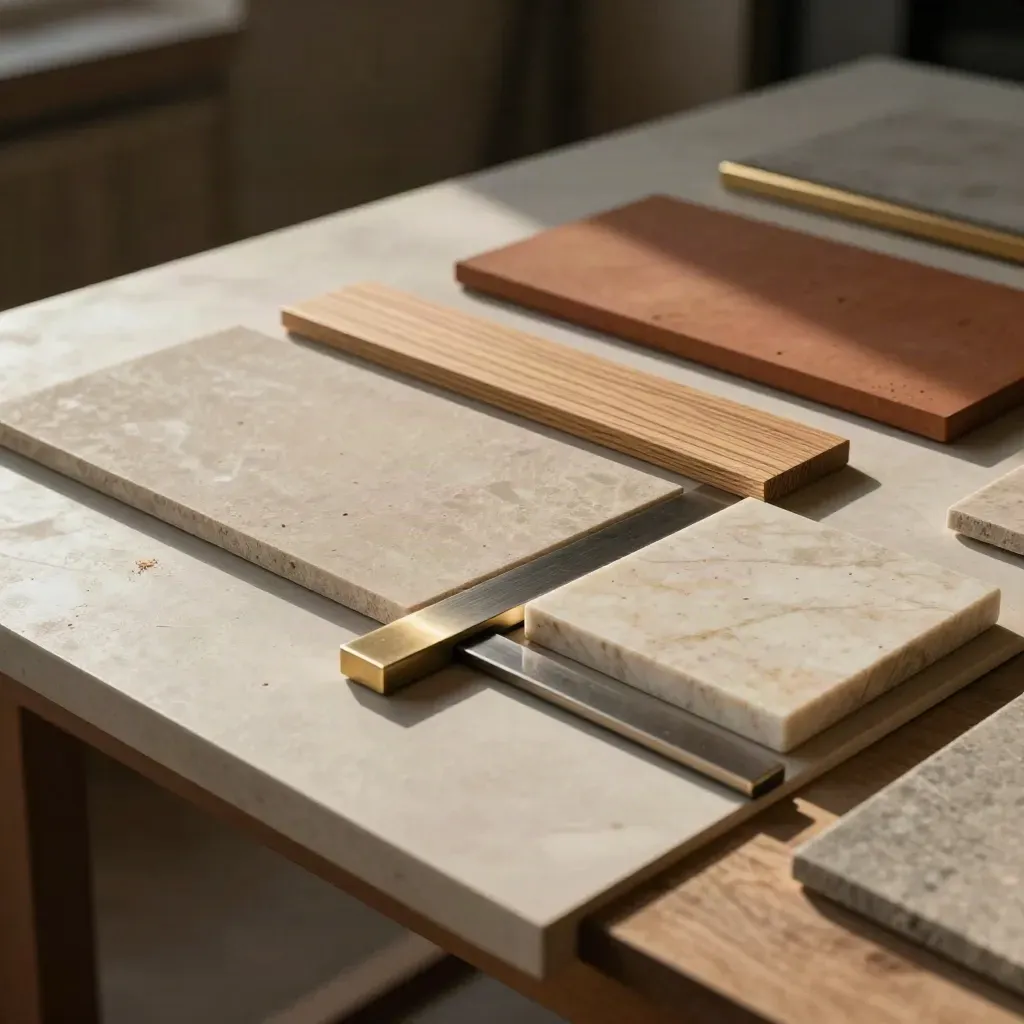 Overhead finish board with tile, oak, metal and stone samples on a workshop table.