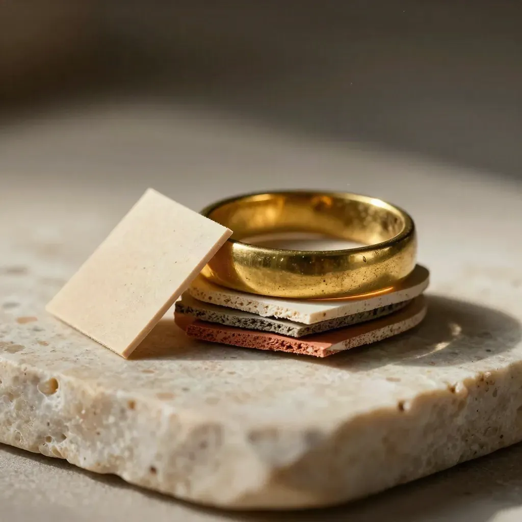 Macro brass swatch ring, neutral paint chips, and linen deck on travertine stone.