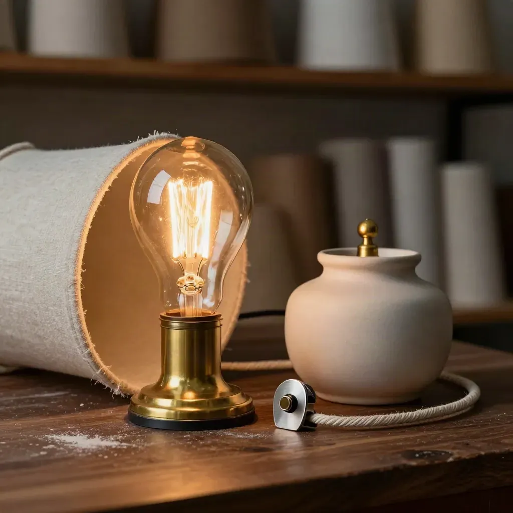 Brass lamp socket, glowing bulb, linen shade and ceramic base on a walnut workbench.