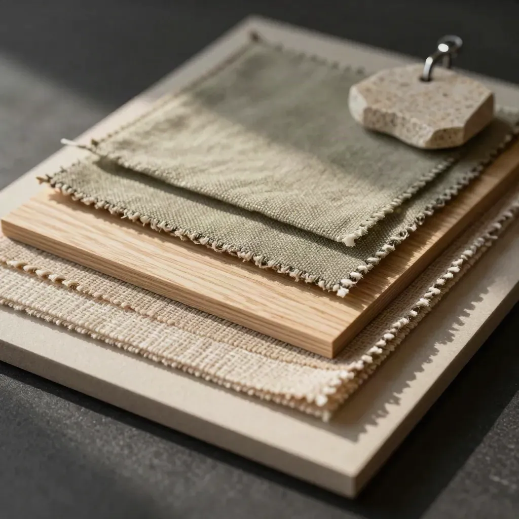 Macro of fabric swatches, veneer strips, and a stone chip on a neutral mood board.