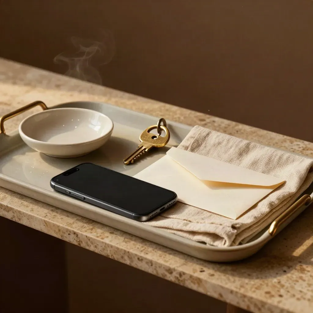 Top-down welcome tray with face-down phone, brass hook, ceramic catchall and sample envelope.
