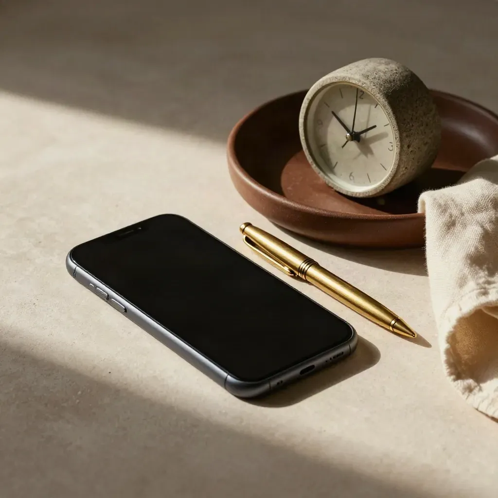 Top-down tray still life with phone, brass pen and stone clock