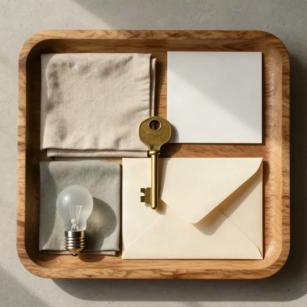 Oak tray with room key, fabric swatches, bulb sample, and envelope on pale concrete.