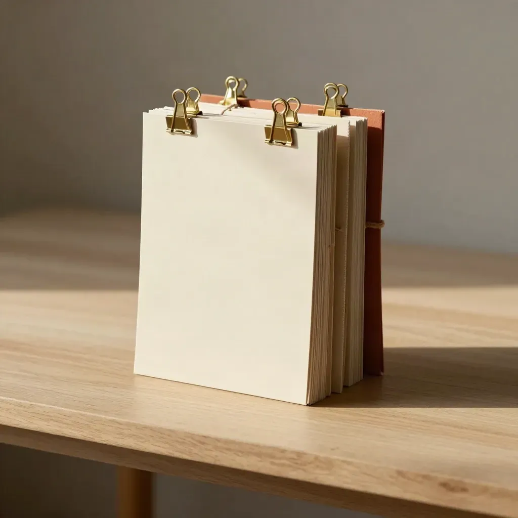Sample boards, brass clips, and fabric tabs tied with linen cord on pale wood