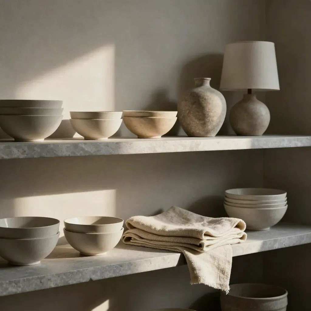 Stone shelf with bowls, linen throw, vase, and lamp shade in soft side light.