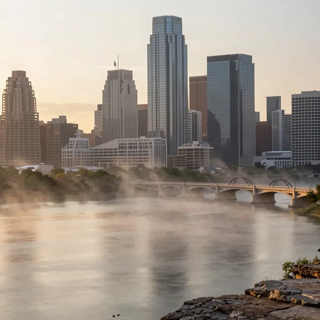 Austin skyline over Lady Bird Lake in warm dawn haze with bridges and calm water