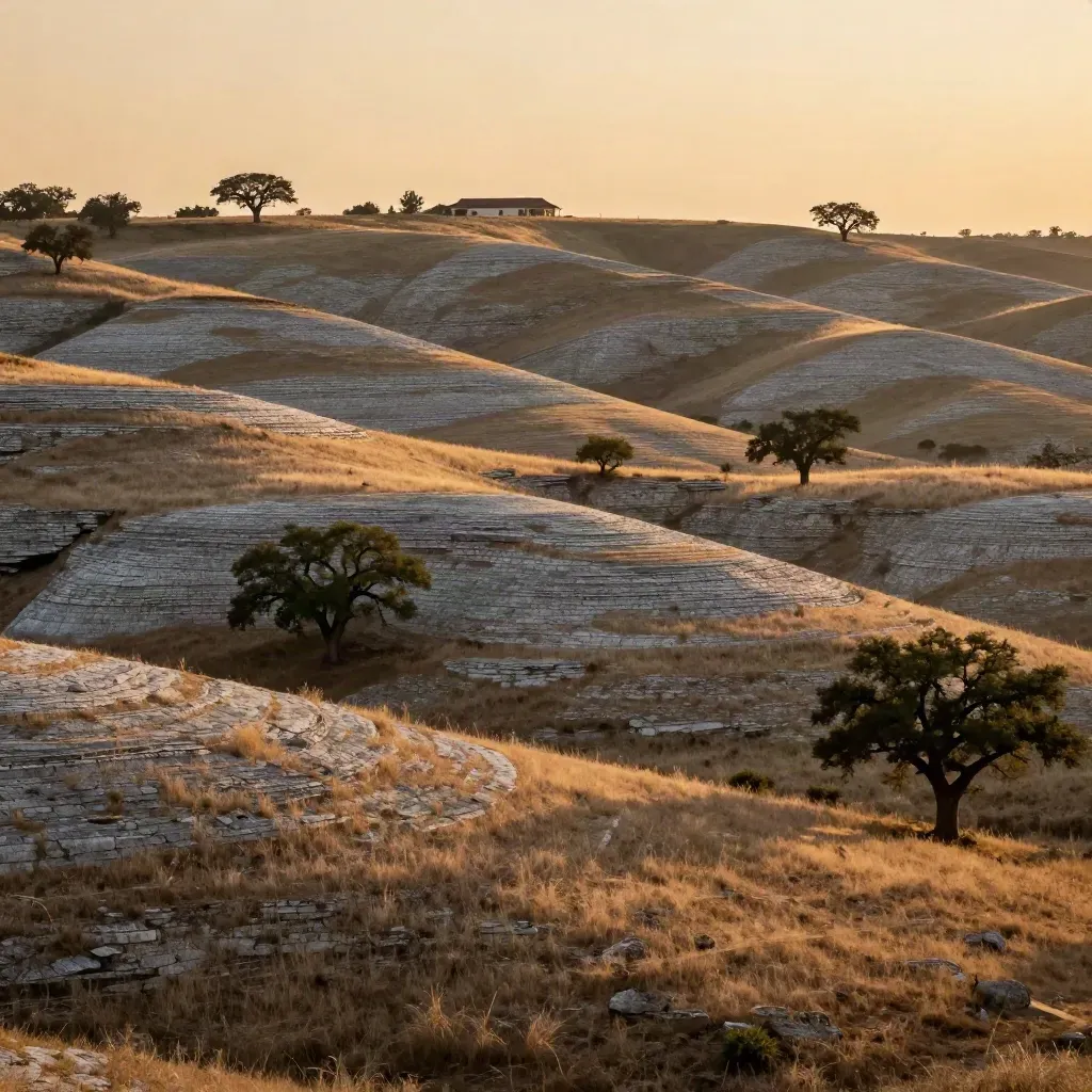 Sunlit Hill Country ridges with live oaks and a distant ranch roofline above a calm meadow.