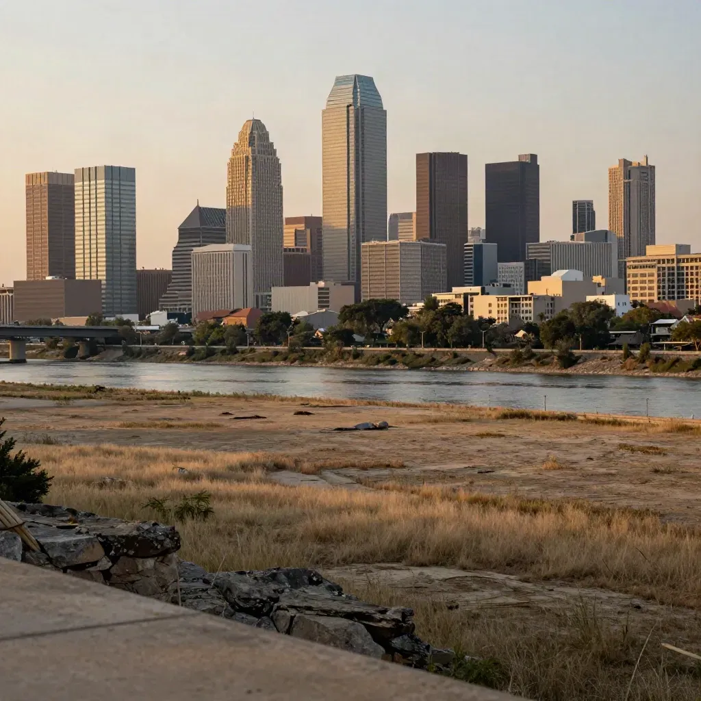 Dallas-Fort Worth skyline above a hazy river corridor at golden hour