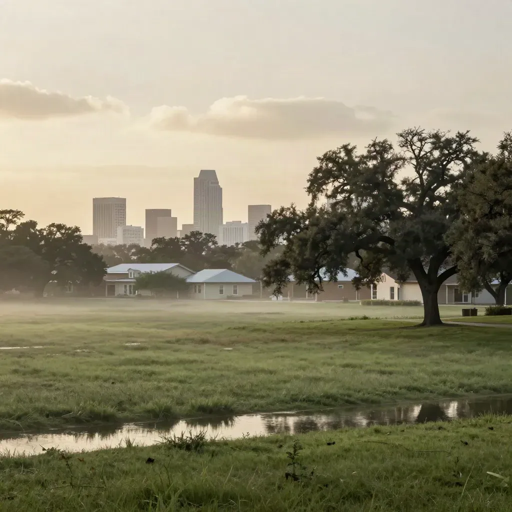 Houston floodplain edge with live oaks, low roofs, and faint downtown skyline in humid haze.
