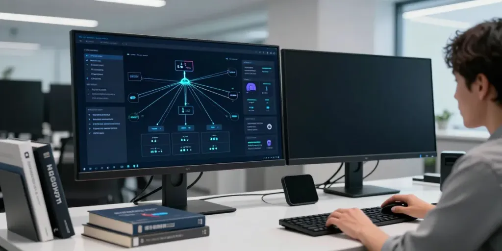 Network configuration review interface featuring secure device settings, cybersecurity measures, and cloud computing elements.