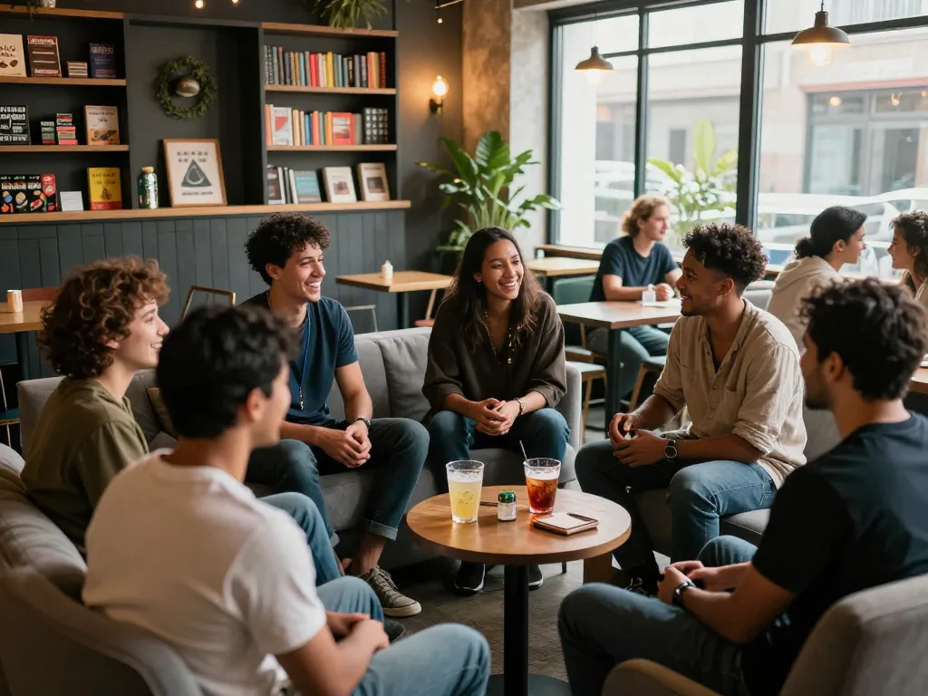 Men engaging in conversation at a vibrant man club, showcasing community and camaraderie.