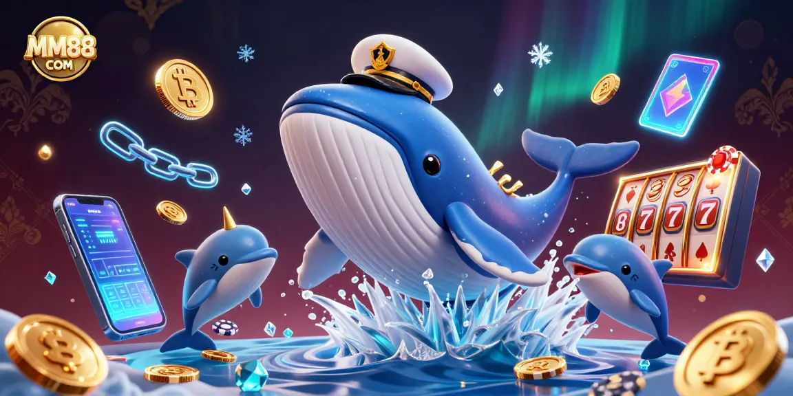 Experience gaming thrills with MM88 COM, showcasing a whale and playful dolphins amidst slots and coins.