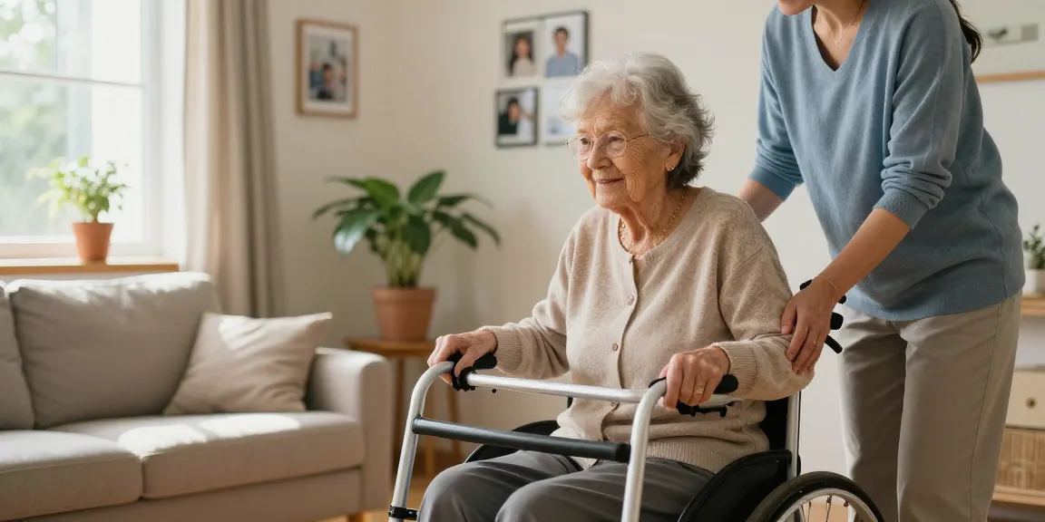 Buy nobility aids for enhanced mobility in a warm home environment with a caregiver assisting an elderly woman.