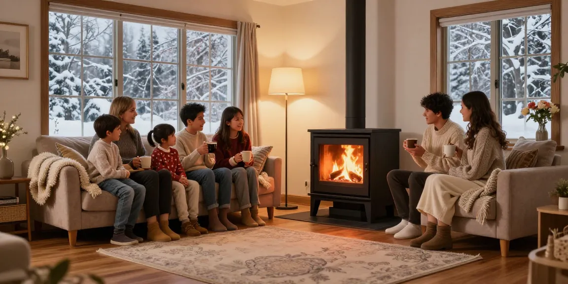 Family enjoying warmth and comfort around a wood stove, izba24.by home heating solutions.