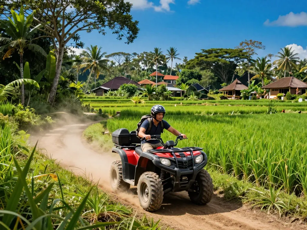 Bali tour adventure with travelers riding ATVs through lush jungles and rice fields.