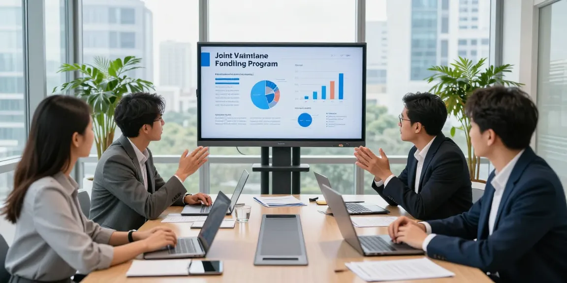Business professionals discussing a joint venture funding program in a modern conference room.