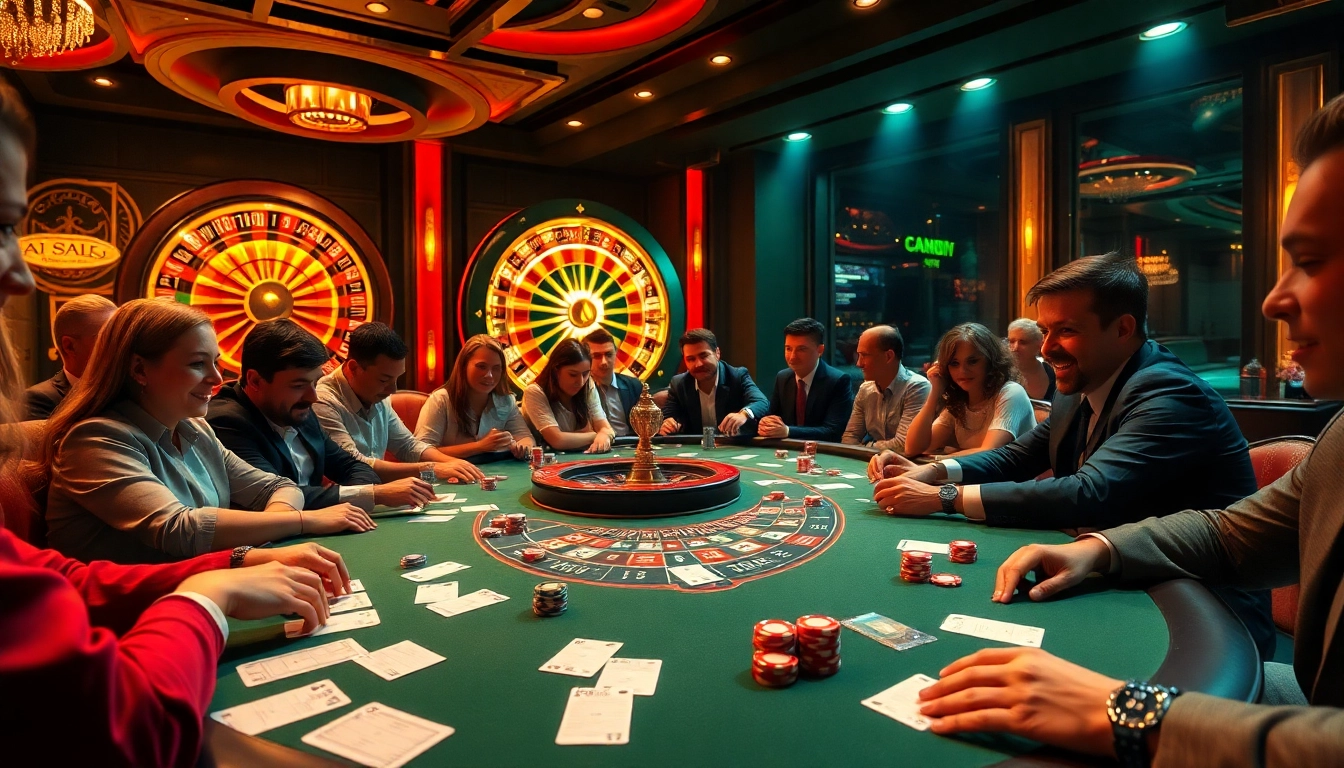 Engaged players at a vibrant poker table representing Trang chủ F168 in a luxurious casino scene.