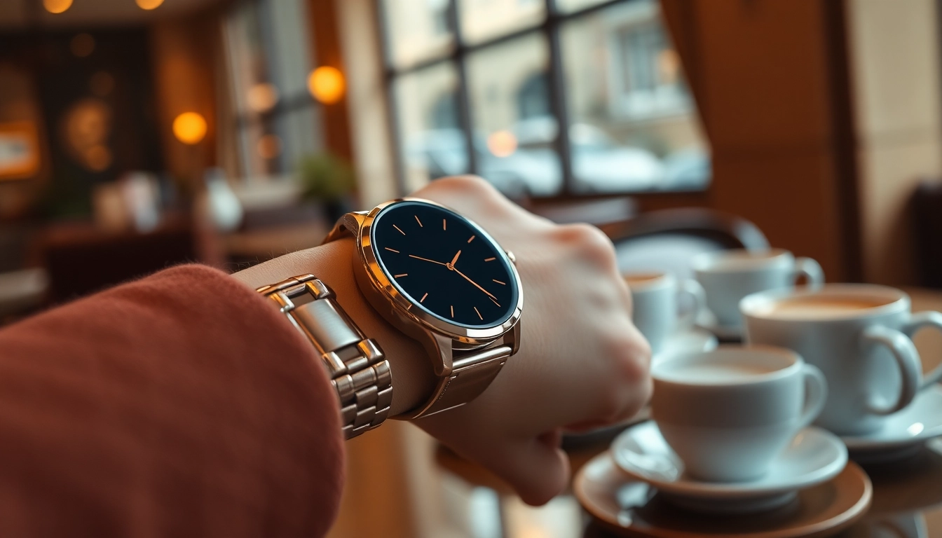 Stylish Ladies Classic Smart Watch displayed elegantly in a café setting.