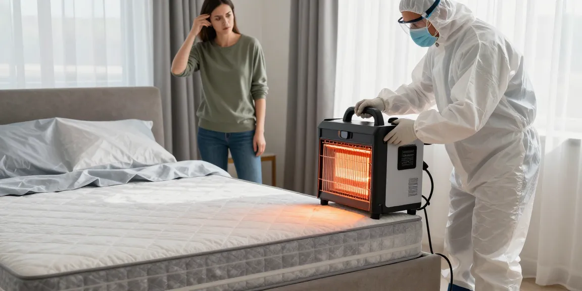 Effective bed bug heat treatment in action with a technician setting up equipment in a bedroom.