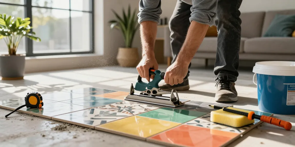 Installing interlock tiles in a modern living room, highlighting craftsmanship.