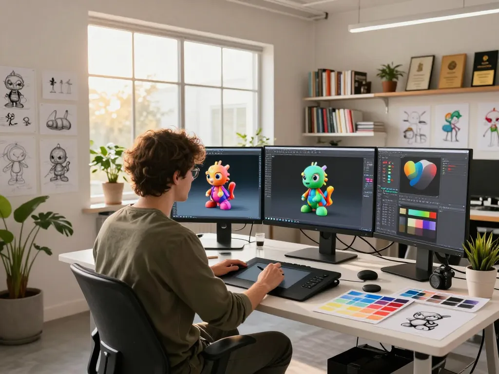 Innovative 3D Model generator workshop showcasing artist creating models with advanced software and tools.