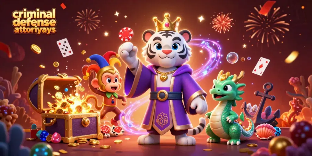 Engaging scene of criminal defense attorneys represented by a white tiger and monkey in vibrant casino-themed illustration.