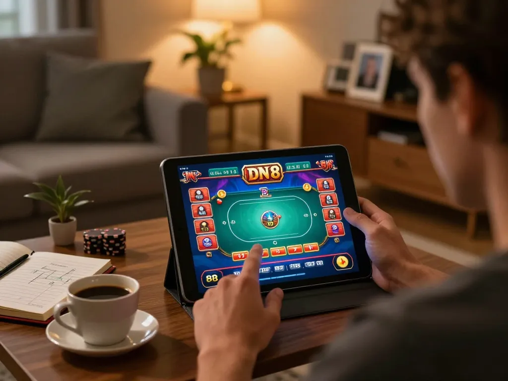 Engaging in DN 88 online casino gaming at home using a tablet in a cozy setting.
