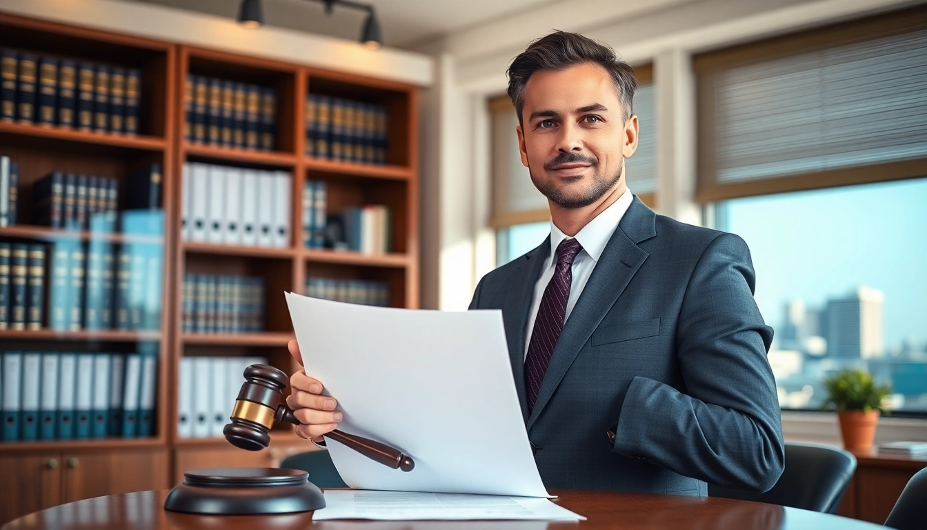 A Clearwater truck accident lawyer confidently presenting legal documents in an office with a sunny Clearwater skyline.