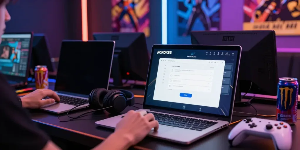 Player enjoying ROKOK88 gaming services on multiple devices, showcasing excitement and engagement