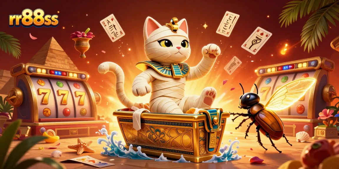 Engage with thrilling games at rr88ss, featuring a lively casino scene with an Egyptian mummy cat and impressive slot elements.